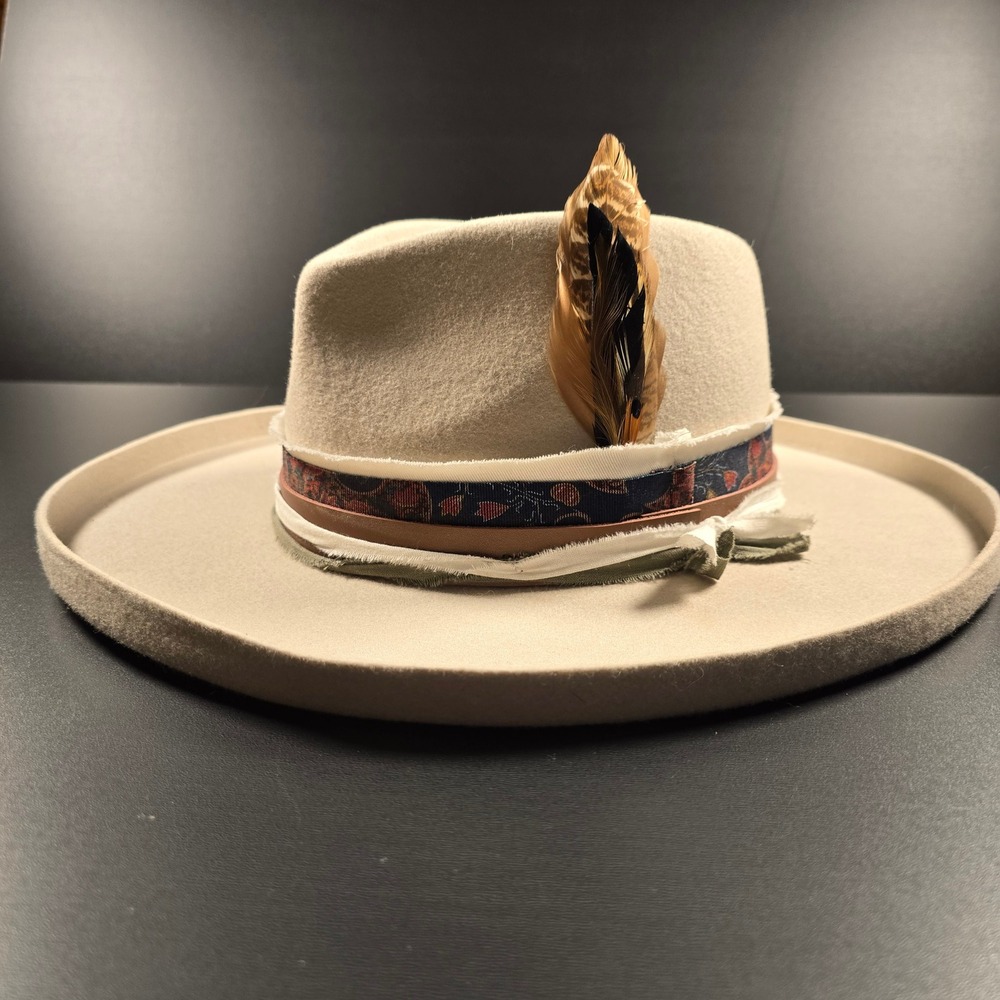 Keyone Italy Wide Brim Fedora Women Large Light Camel Wool Feather Boho Western
